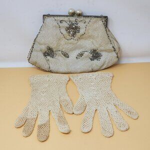 Vintage Beaded Evening Clutch Purse & Crochet Gloves Floral Design‎ Pearl Clasp